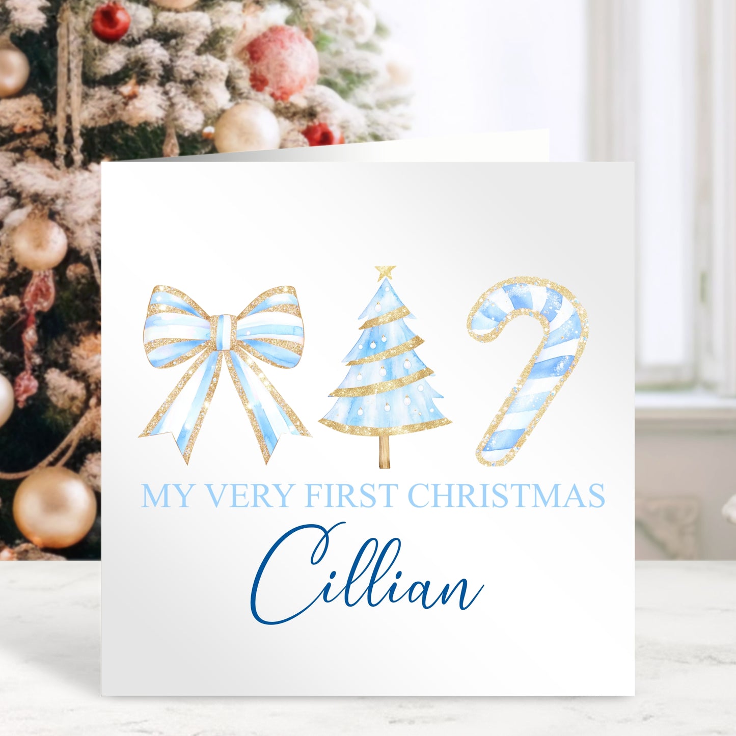Blue Candy Cane - Personalised Christmas Card