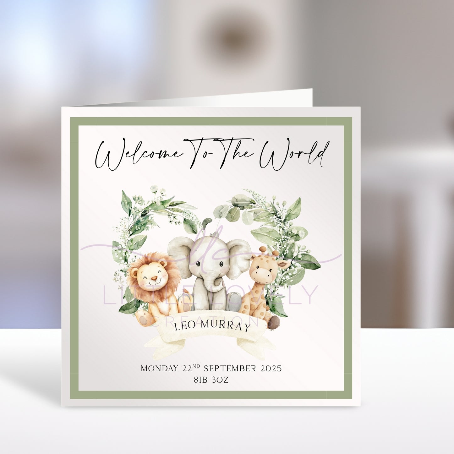 Welcome To The World Sage Jungle Animals - Personalised New Baby Card