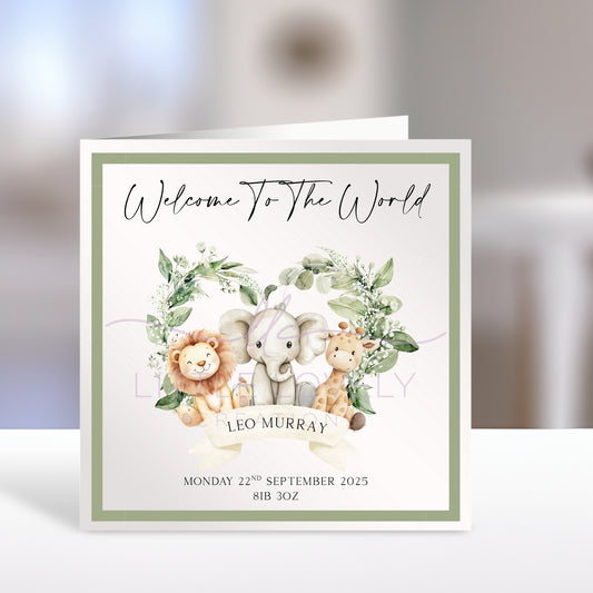 Welcome To The World Sage Jungle Animals - Personalised New Baby Card