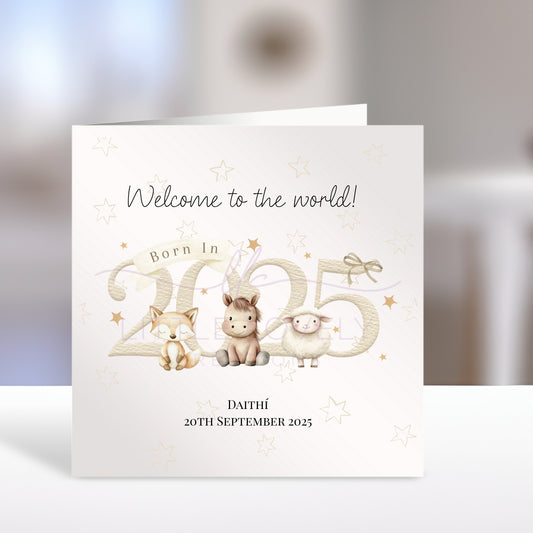 Born in 2025 Beige Animals - Personalised New Baby Card