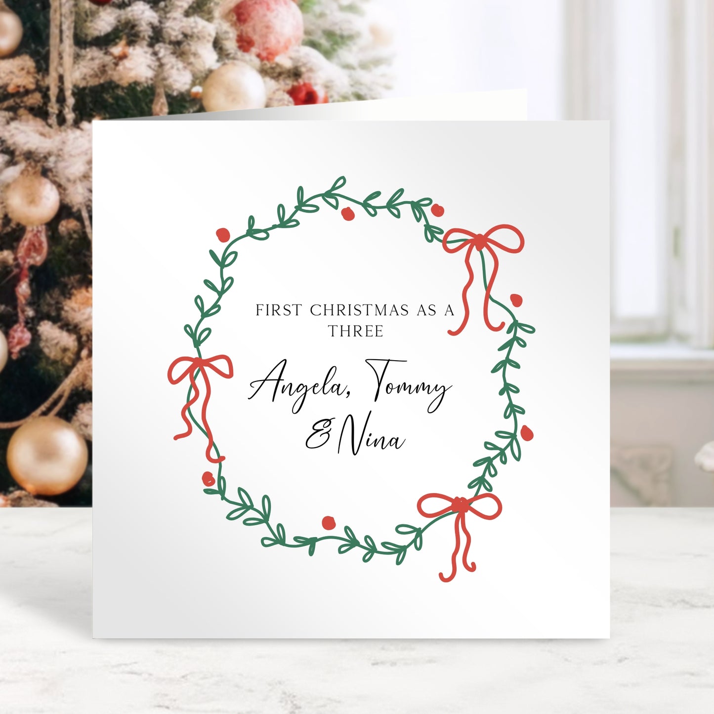 First Christmas As A Three Wreath - Personalised Christmas Card