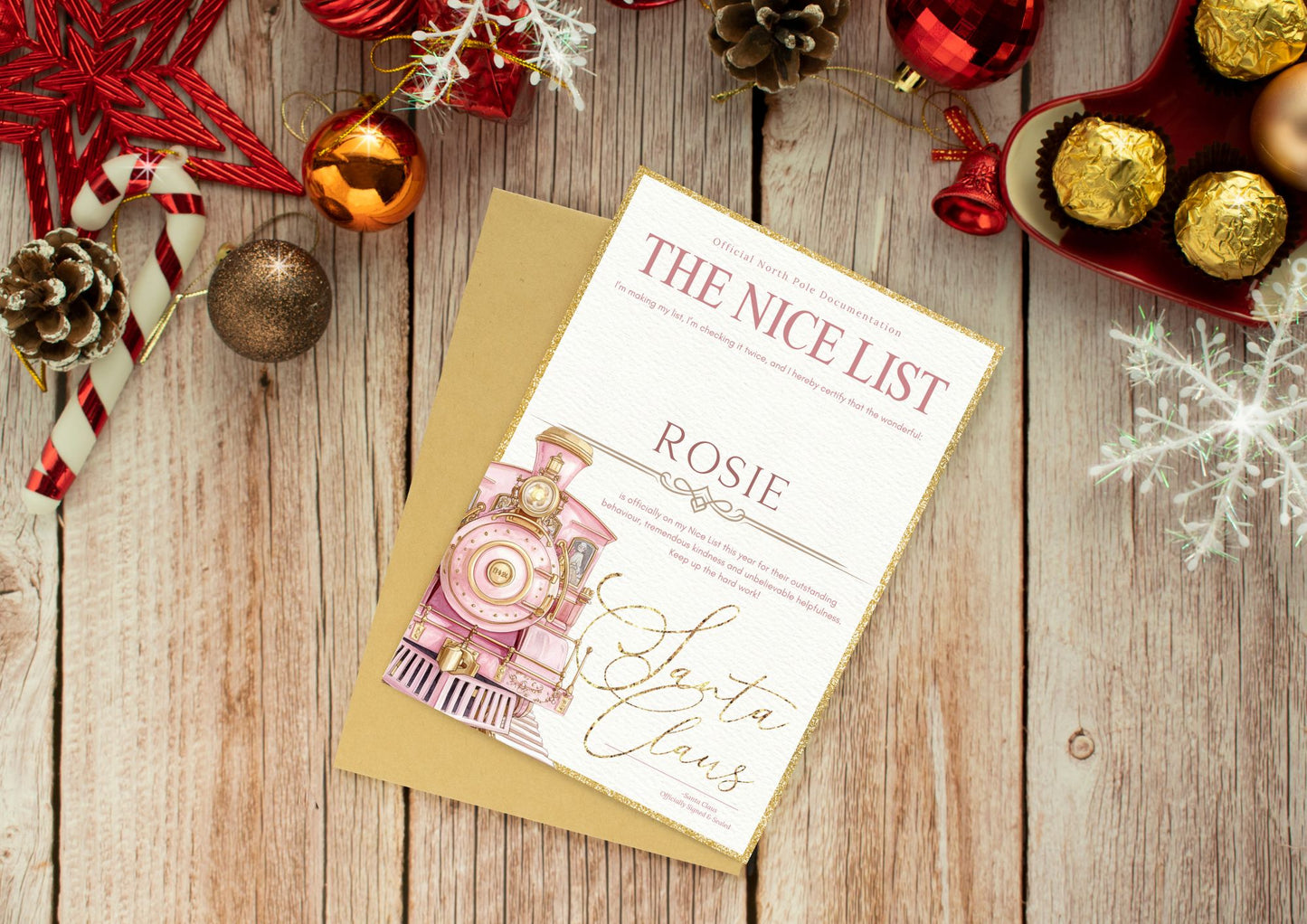 Personalised Nice List Certificate – Pink Express Train Edition (A4 Print)