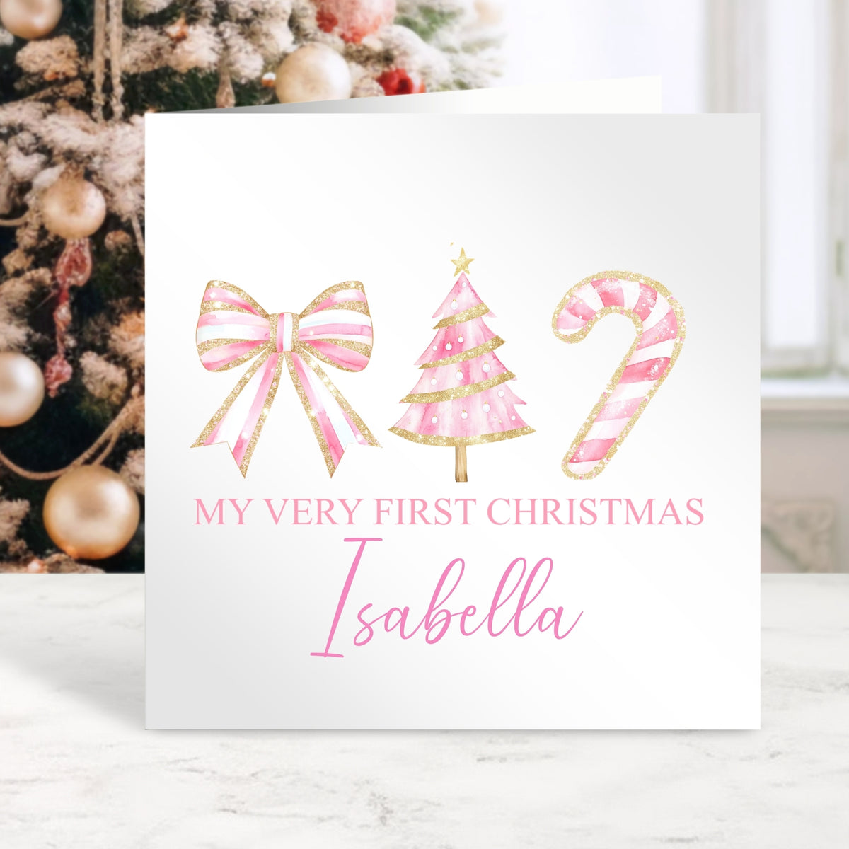 Pink Candy Cane - Personalised Name Christmas Card