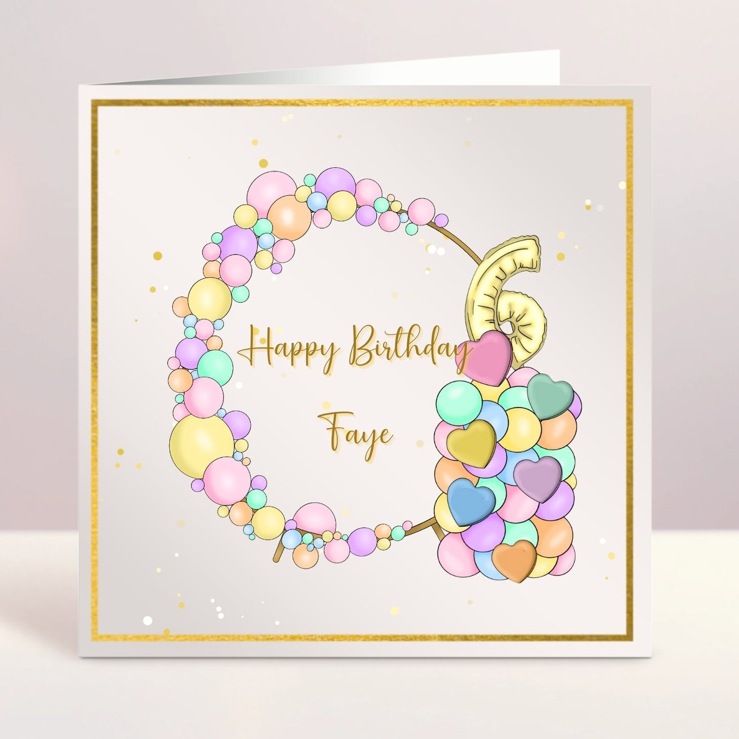 Girls Gold And Pastel Balloon Age - Personalised Birthday Card