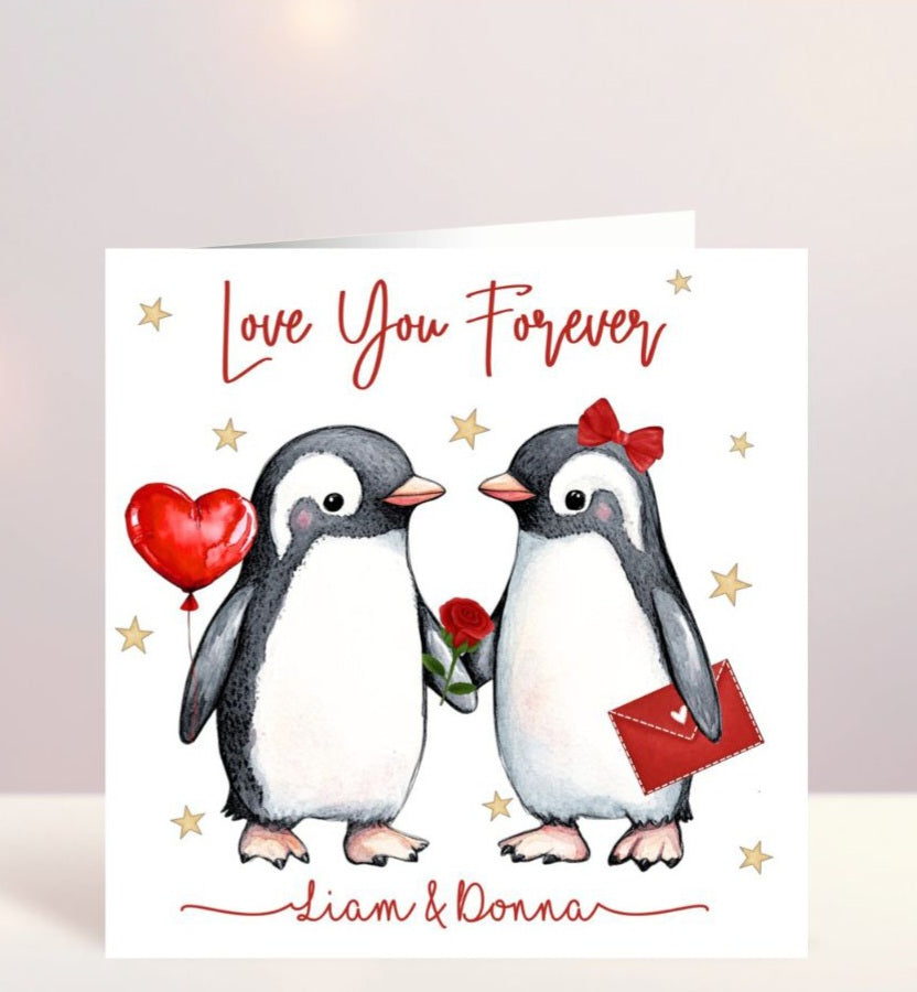 'Love You Forever' Penguin Valentines Card - Personalised Valentines Day Card