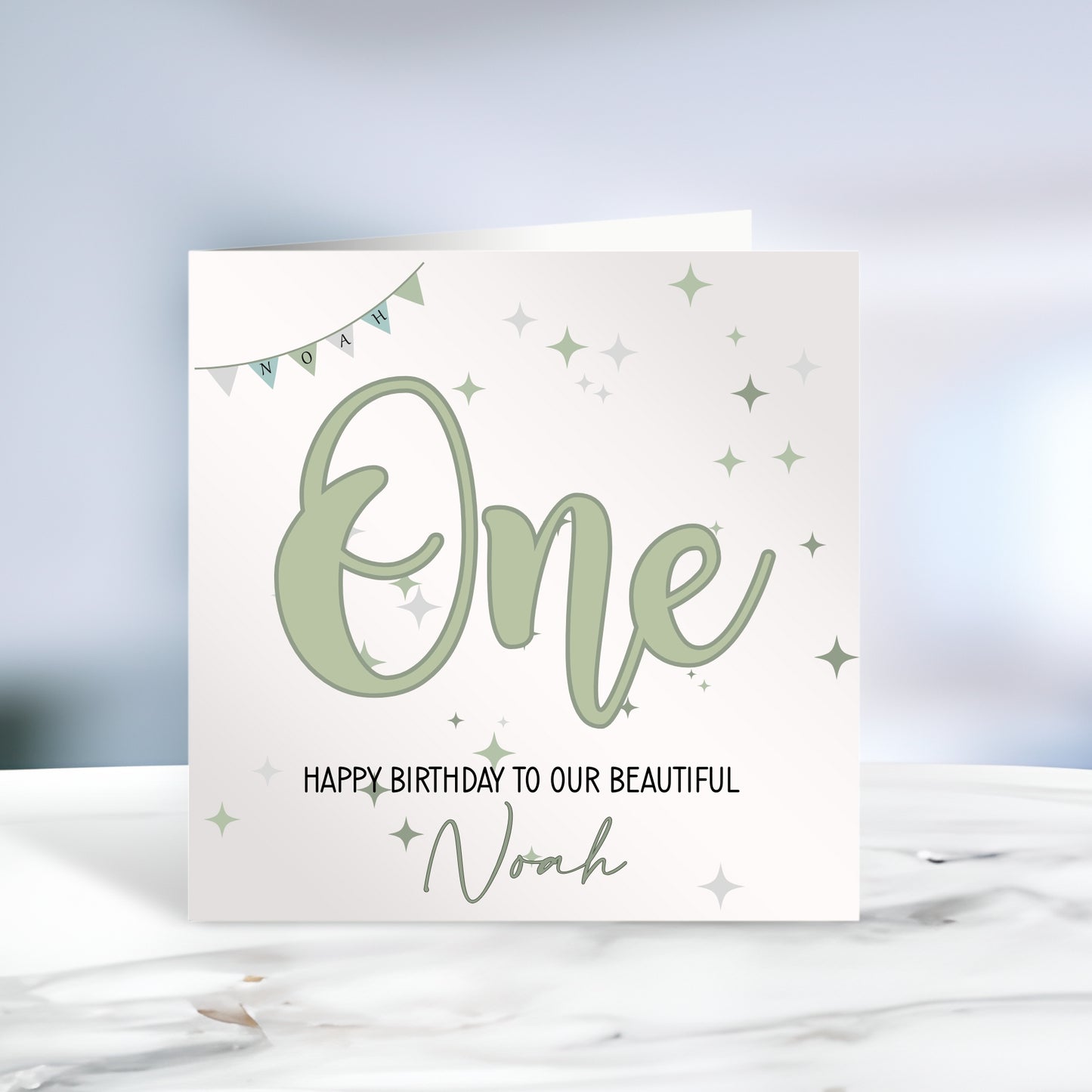 Sage 'One' - Personalised First Birthday Card Neutral