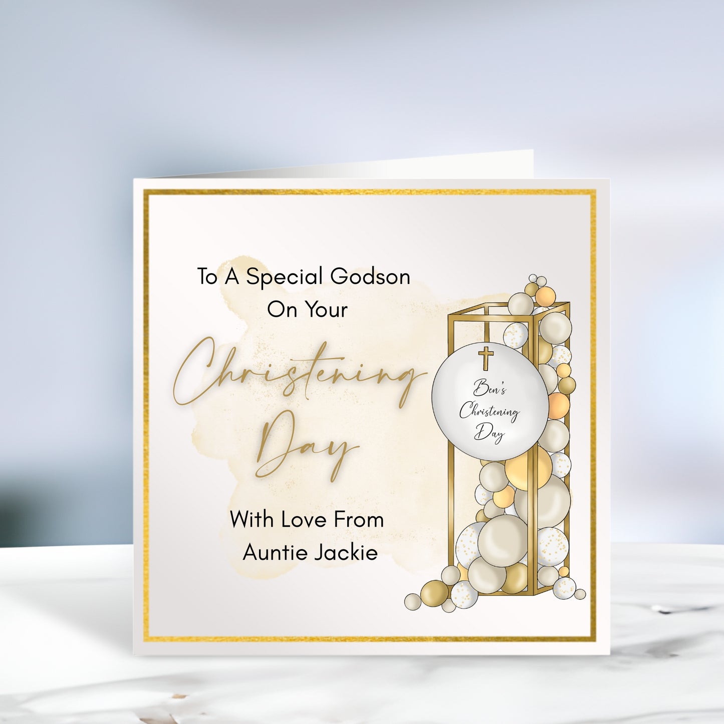 Gold Balloons Christening Card