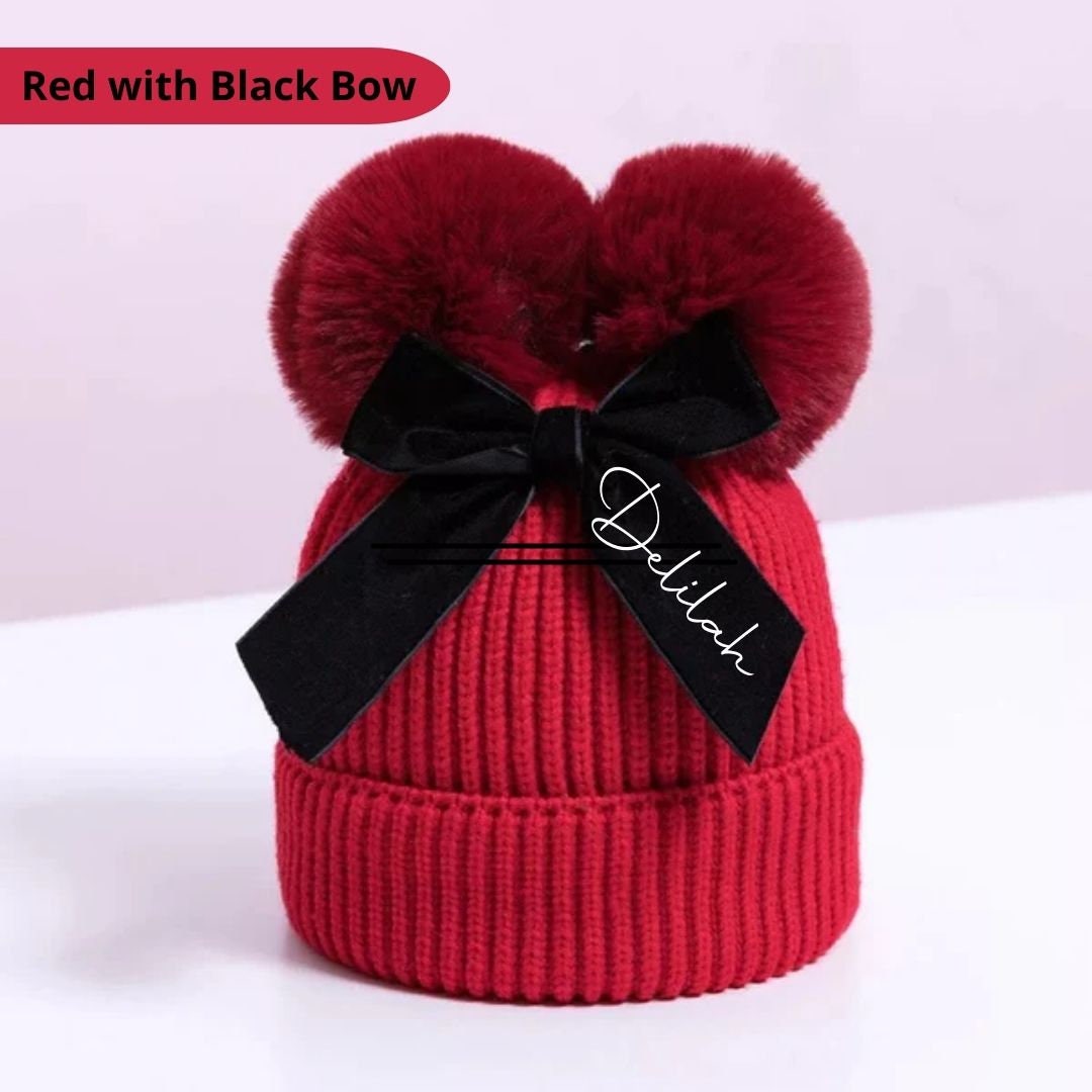 Girls Mustard Pom Pom Hat, Personalised Hat, Double Bobble Hat, Toddler Christmas Gift, Knitted Winter Hat With Bow, Ireland, Irish