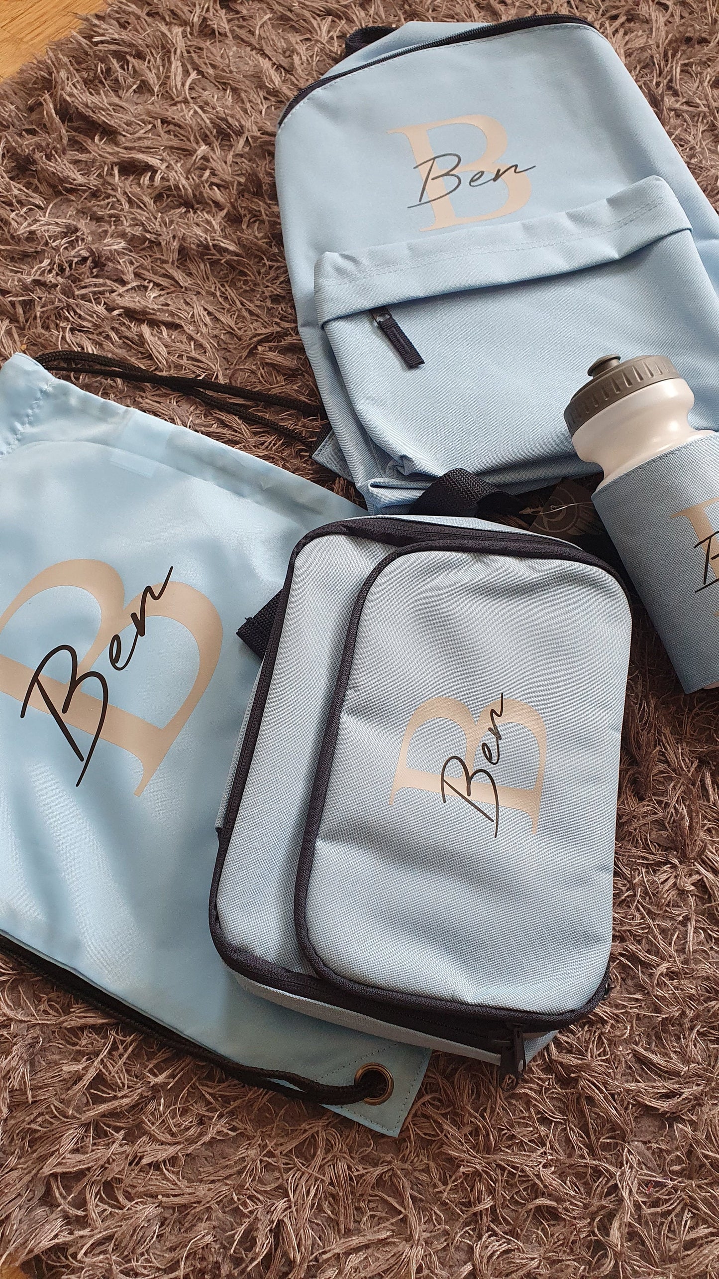 Personalised Blue Back To School Set, Backpack, Water Bottle, Lunch Box, Nursery, Toddler, Preschool, Creche, Name, Initial, Ireland, Irish