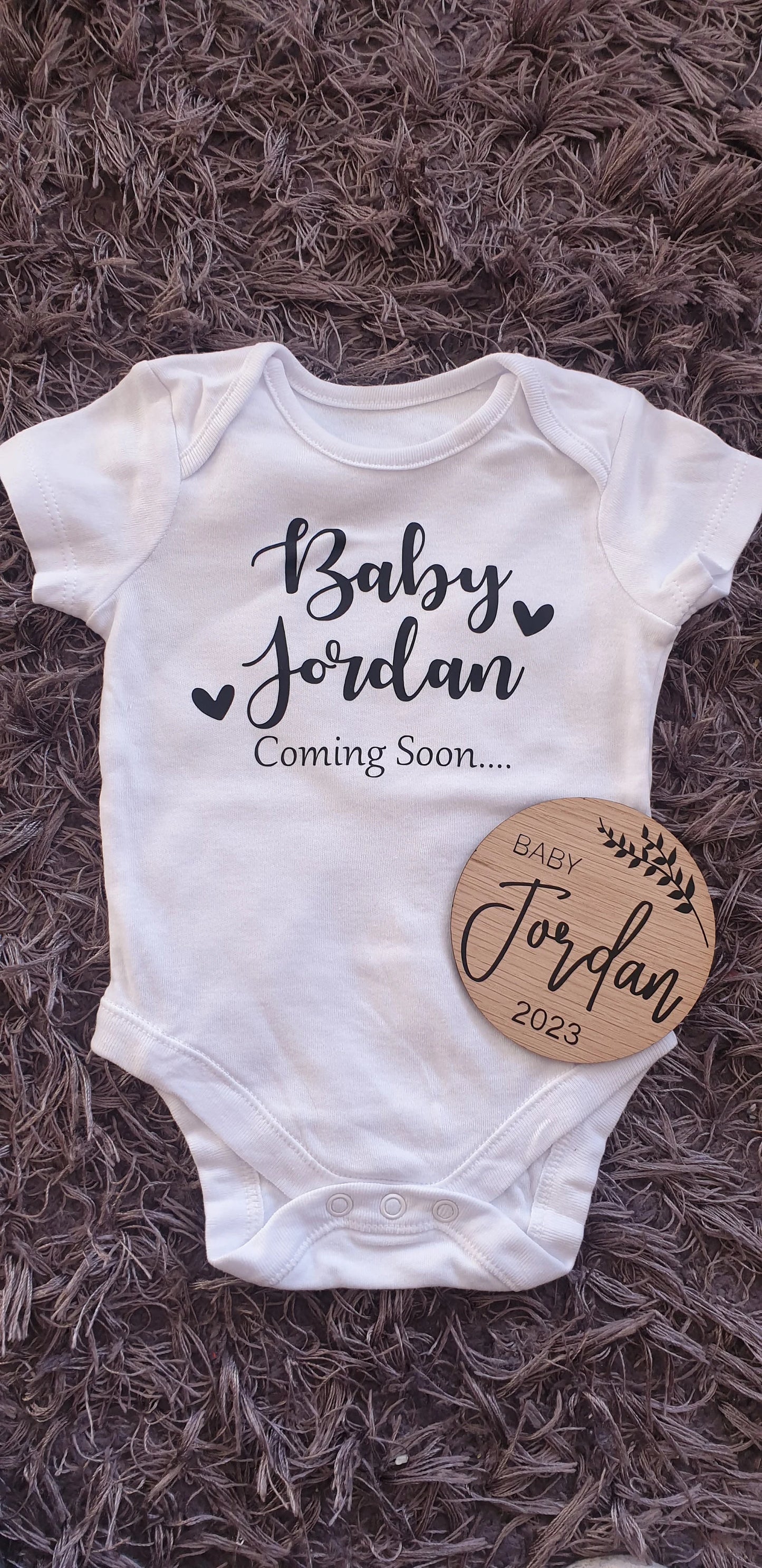 Personalised Pregnancy Announcement Vest & Wooden Disc - Coming Soon