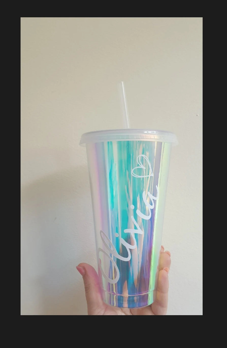 Personalised Holographic Cold Cup With Name, Tumbler With Straw