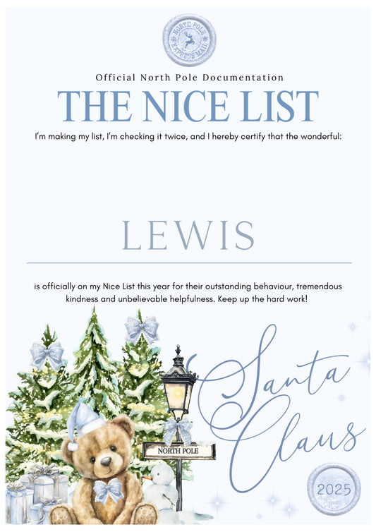 Personalised Nice List Certificate – Blue North Pole Teddy Edition (A4 Print)