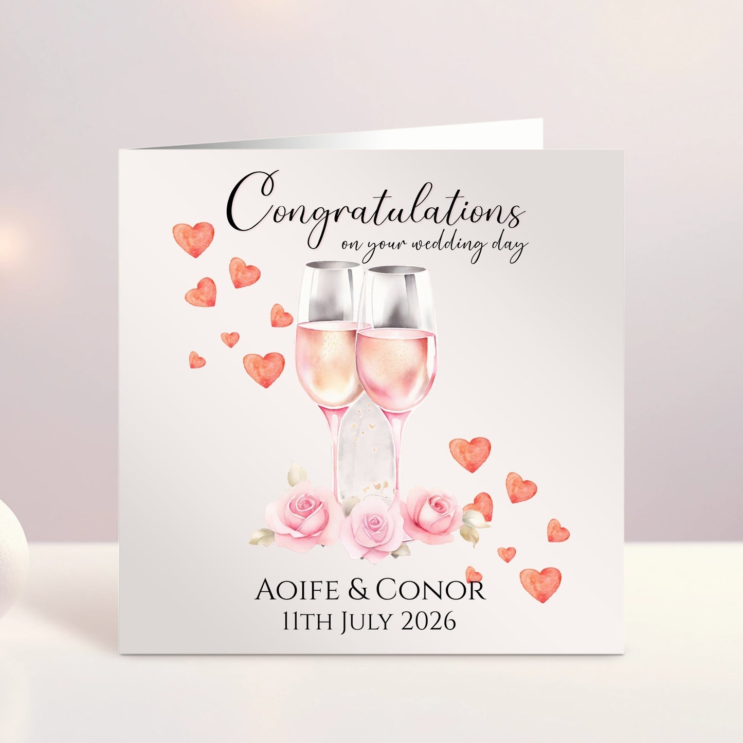 Personalised Pink Champagne Wedding Card