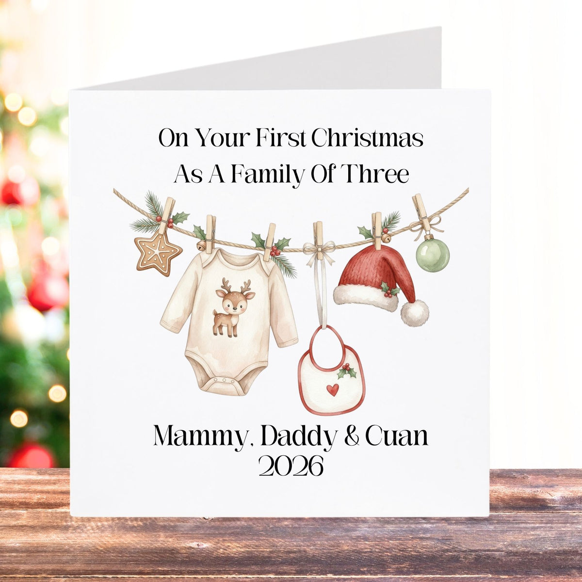 Personalised First Christmas as a Family of Three Card - Reindeer Baby Vest