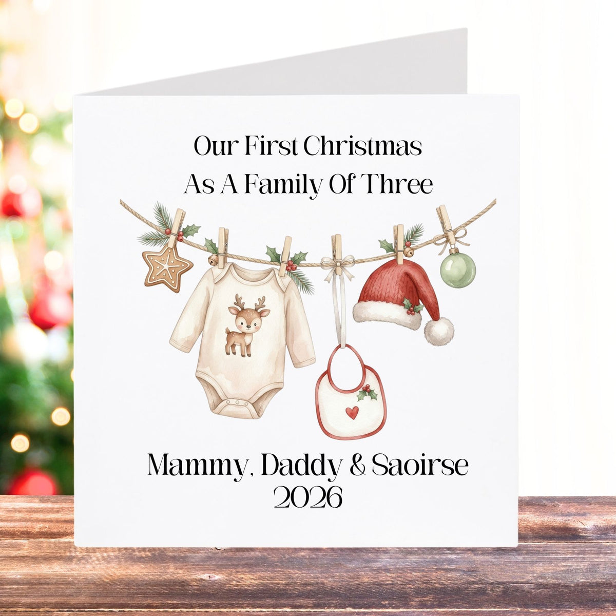 Personalised First Christmas as a Family of Three Card - Reindeer Baby Vest