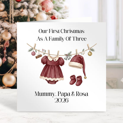 Personalised First Christmas as a Family of Three Card - Baby Girl