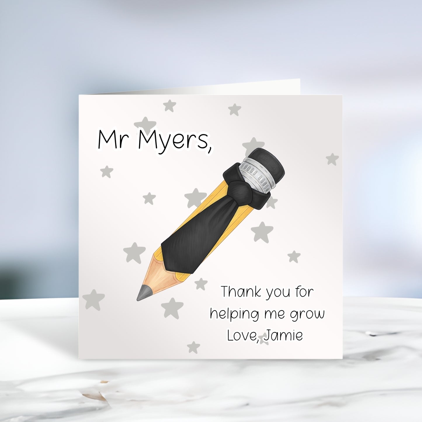 Personalised Thank You Card for Teacher and SNA - Pencil with Tie