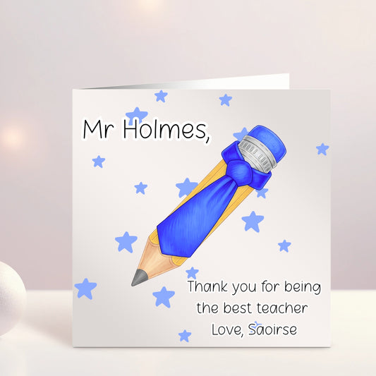Personalised Thank You Card for Teacher and SNA - Pencil with Tie