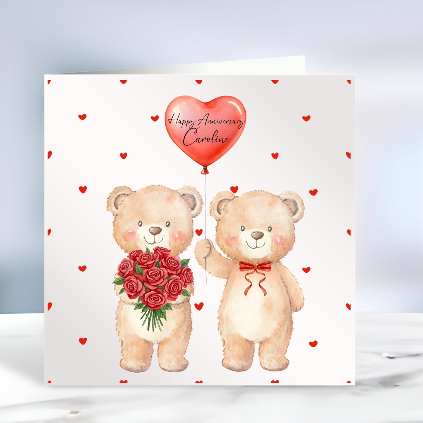 Personalised Anniversary Card - Bears with roses and balloon