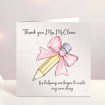 Pencil with Bow - Personalised Thank You Teacher Card