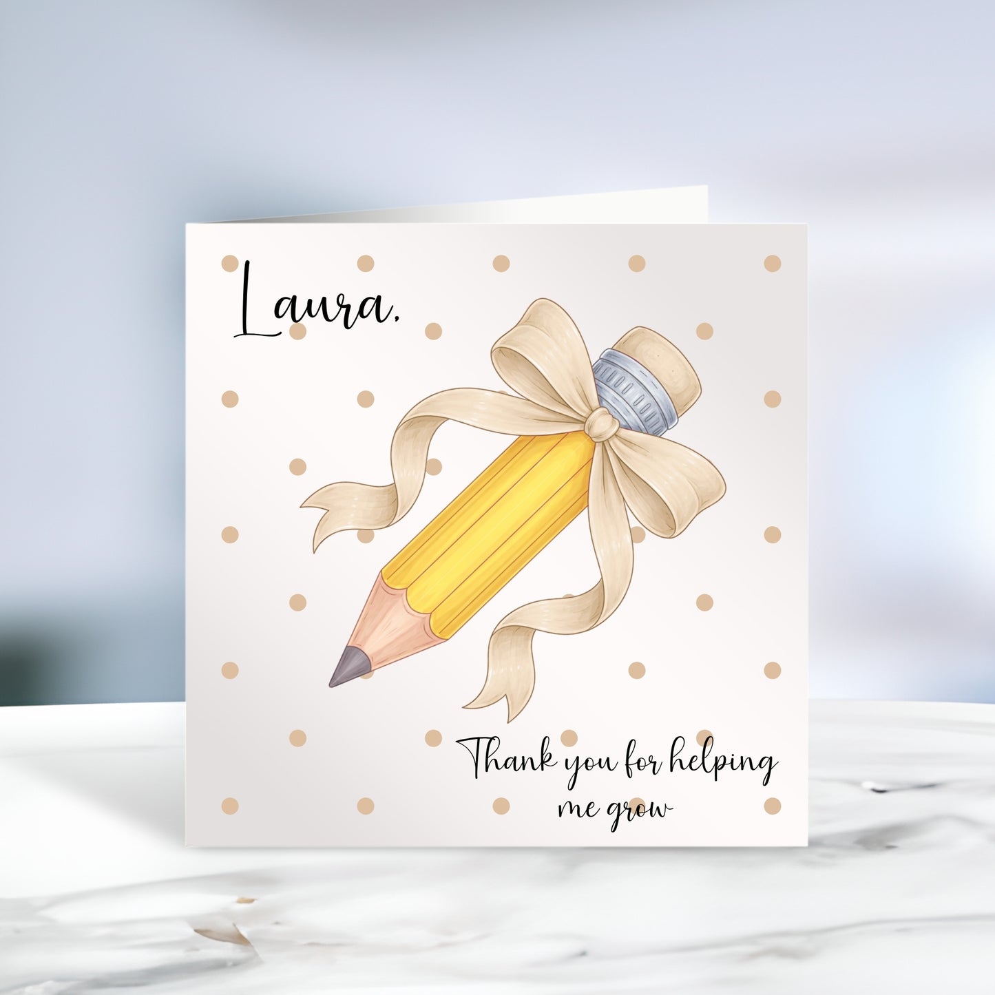 Personalised Thank You Card for Teacher and SNA - Pencil with Bow
