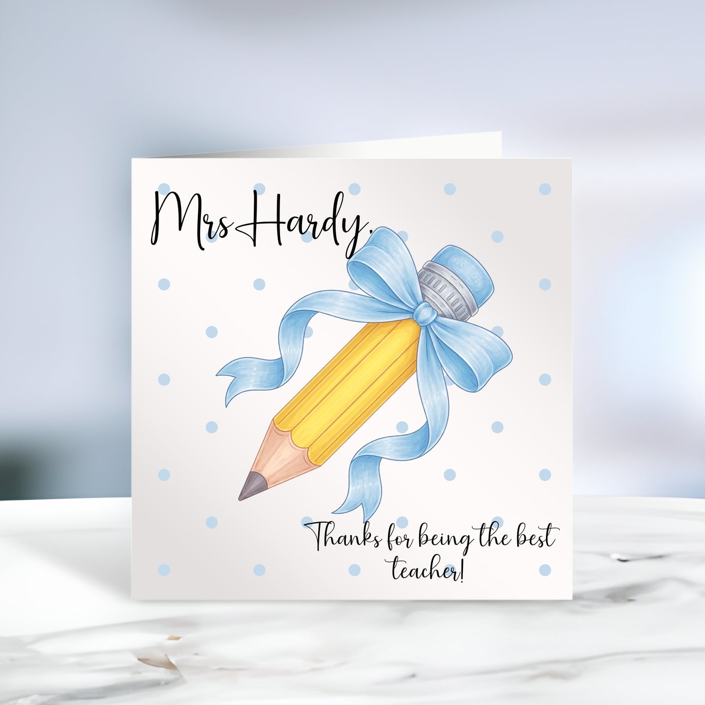 Personalised Thank You Card for Teacher and SNA - Pencil with Bow