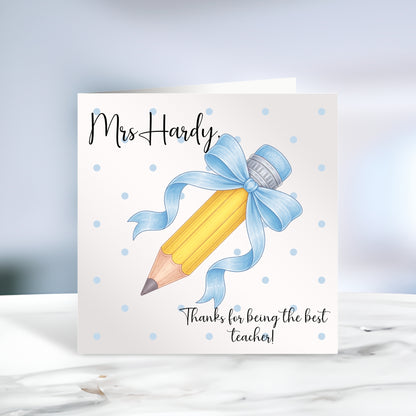 Personalised Thank You Card for Teacher and SNA - Pencil with Bow