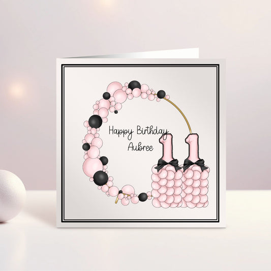 Personalised Birthday Card, Age Card, Pink And Black Balloons, Bows and Balloons Theme, Birthday Card Girls, Ireland, Irish (Copy)