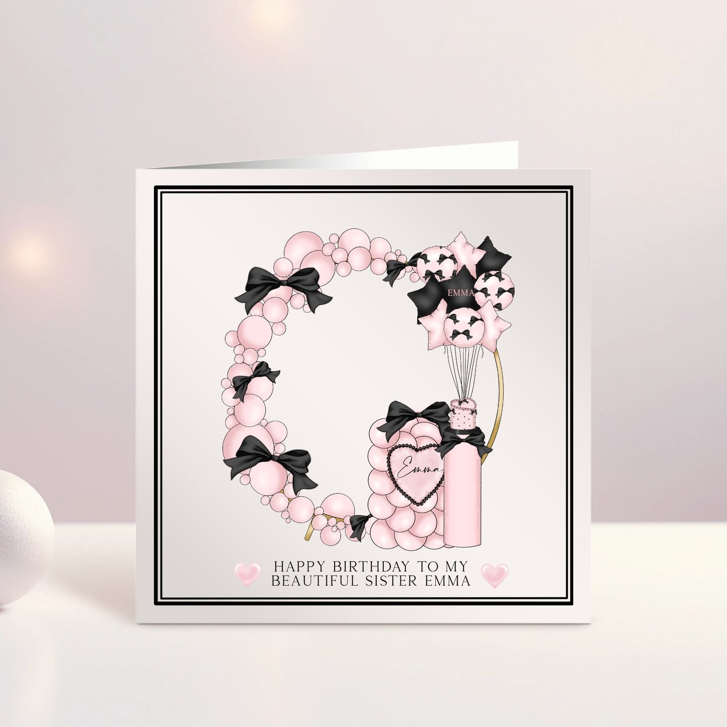 Personalised Birthday Card, Best Friend Card, Pink And Black Balloons, Bows and Balloons Theme, Birthday Card Girls, Ireland, Irish