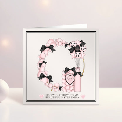 Personalised Birthday Card, Best Friend Card, Pink And Black Balloons, Bows and Balloons Theme, Birthday Card Girls, Ireland, Irish