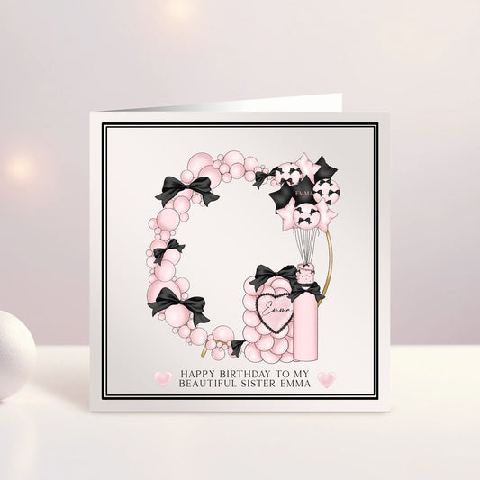 Personalised Birthday Card, Best Friend Card, Pink And Black Balloons, Bows and Balloons Theme, Birthday Card Girls, Ireland, Irish