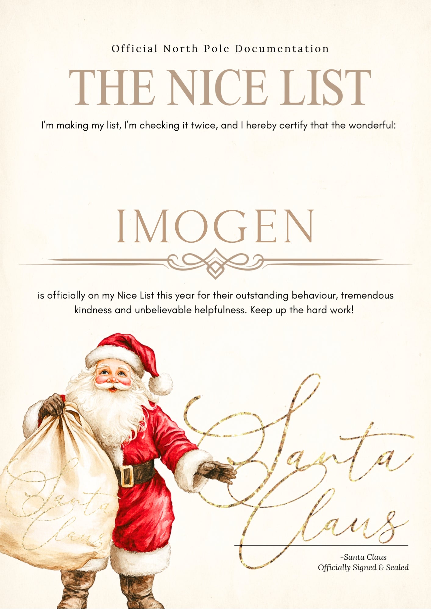 Personalised Nice List Certificate – Santa Edition (A4 Print)