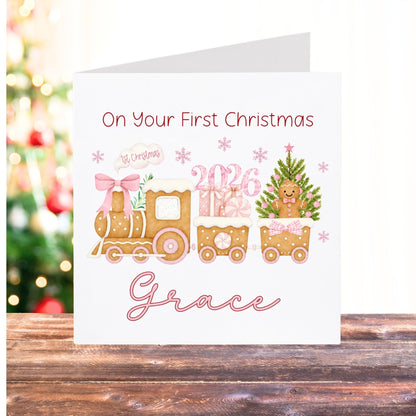 Baby’s First Christmas Card 2026 - Gingerbread Train