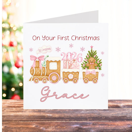 Baby’s First Christmas Card 2026 - Gingerbread Train