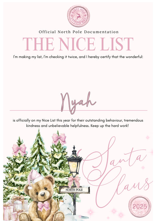 Personalised Nice List Certificate – Pink North Pole Teddy Edition (A4 Print)
