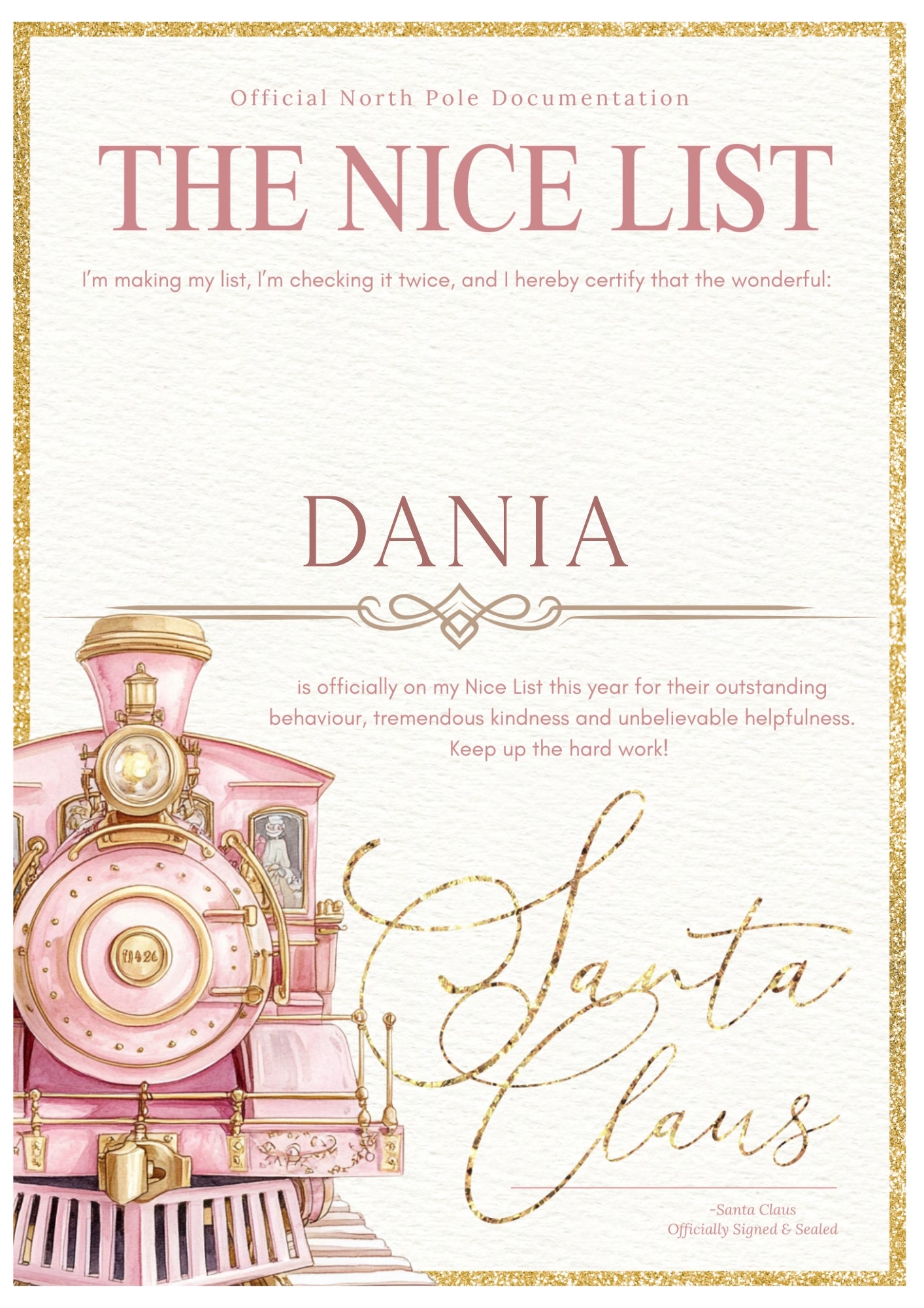 Personalised Nice List Certificate – Pink Express Train Edition (A4 Print)