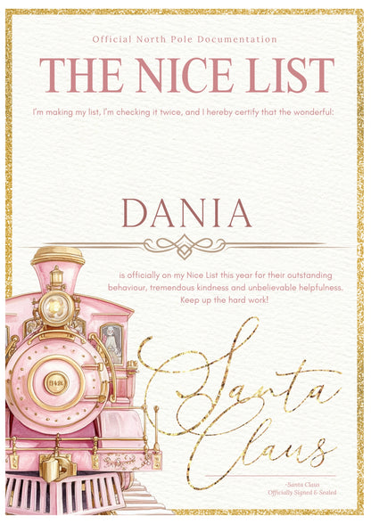 Personalised Nice List Certificate – Pink Express Train Edition (A4 Print)