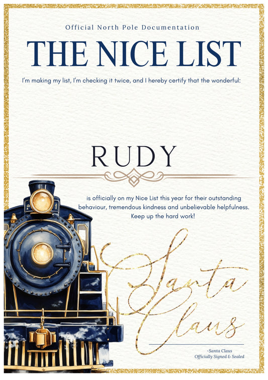 Personalised Nice List Certificate – Navy Express Train Edition (A4 Print)