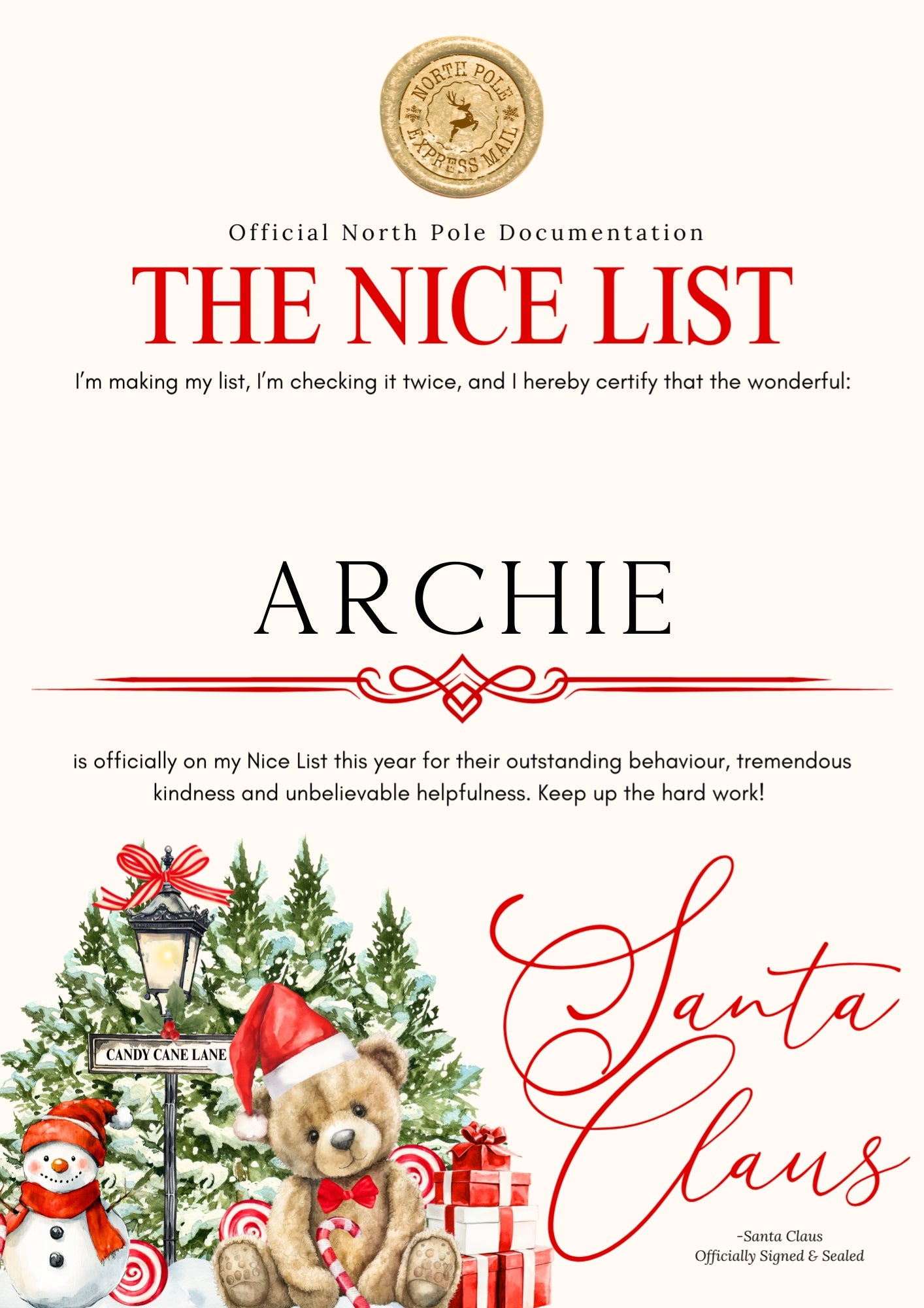 Personalised Nice List Certificate – Candy Cane Lane Edition (A4 Print)