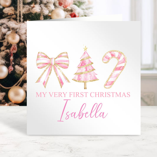 Pink Candy Cane - Personalised Name Christmas Card