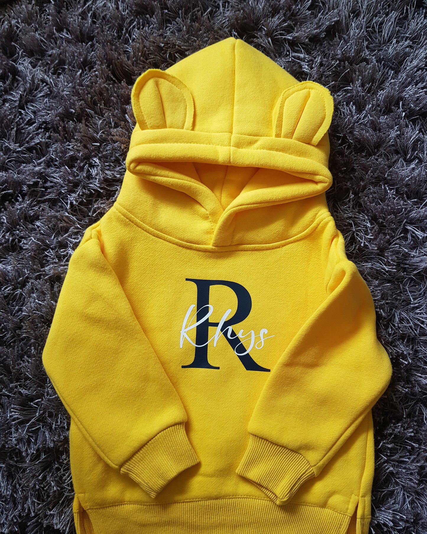 Blue Childrens Bear Ear Hoodie, Personalised With Name And Initial