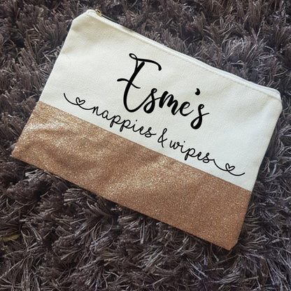 Personalised Zip Nappy Pouch | Canvas Nappy Bag | Wipes Holder | New Baby Gift | Nursery | Changing Kit | Glitter | Bag Organiser | Ireland