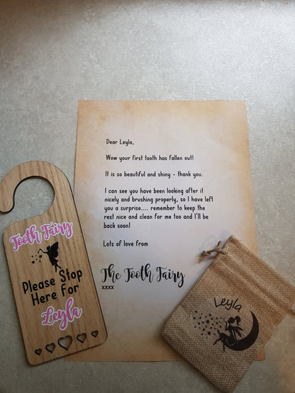 Personalised Tooth Fairy Set | Door Hanger | Lost Tooth And Coin Pouch | Letter from fairy | First Teeth | Tooth Bag | Ireland | Irish