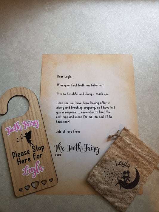 Personalised Tooth Fairy Set | Door Hanger | Lost Tooth And Coin Pouch | Letter from fairy | First Teeth | Tooth Bag | Ireland | Irish