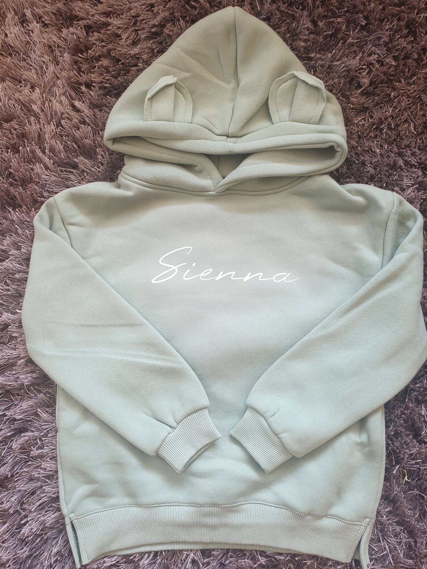 Sage Green Personalised Childrens Bear Hoodie With Name