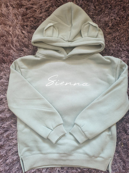 Sage Green Personalised Childrens Bear Hoodie With Name