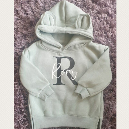 Blue Childrens Bear Ear Hoodie, Personalised With Name And Initial