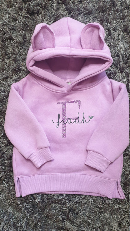 Blue Childrens Bear Ear Hoodie, Personalised With Name And Initial