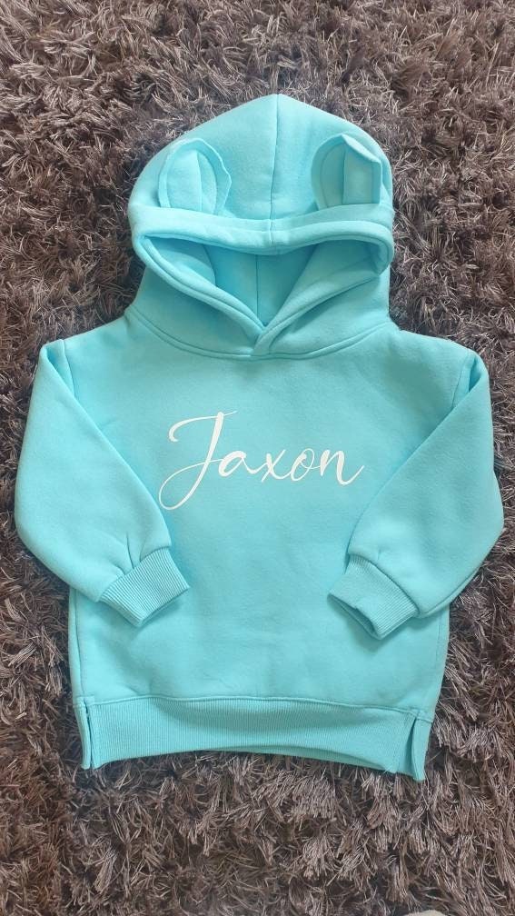 Blue Childrens Bear Ear Hoodie, Personalised With Name And Initial