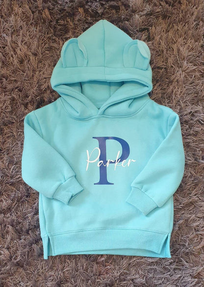 Blue Childrens Bear Ear Hoodie, Personalised With Name And Initial